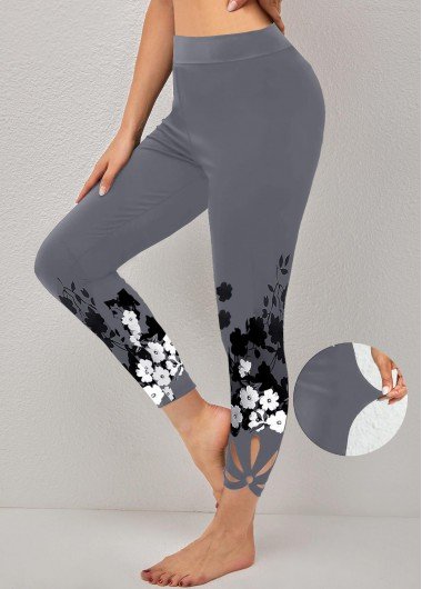 Dark Grey Plants Print High Waisted Leggings