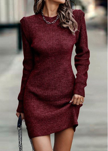 Deep Red Long Sleeve Round Neck Sweater Dress