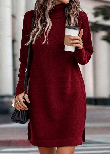 Wine Red Split Long Sleeve Sweater Dress