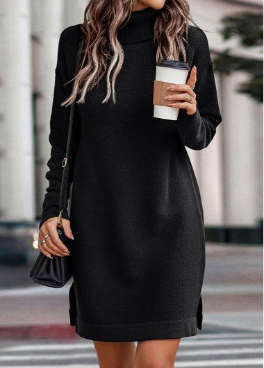 Black Split Long Sleeve Sweater Dress