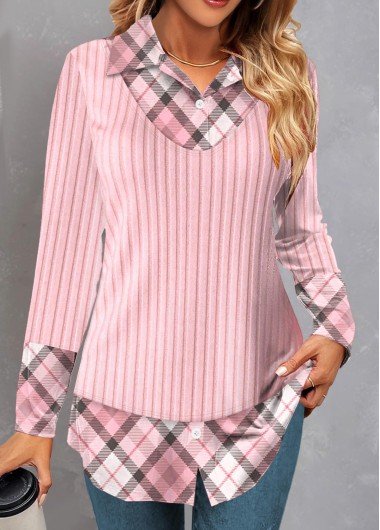 Pink Fake 2in1 Plaid Long Sleeve Blouse