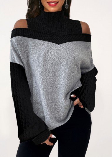 Black Patchwork Long Sleeve Turn Down Collar Sweatshirt