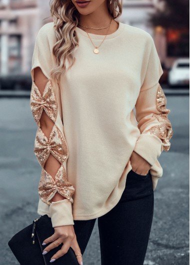 Skin Color Sequin Long Sleeve T Shirt