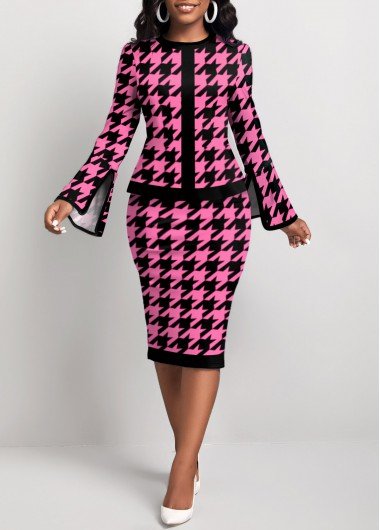 Rose Pink Two Piece Houndstooth Print Top and Skirt