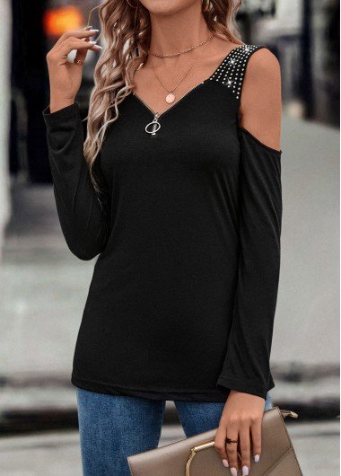 Black Zipper Long Sleeve V Neck T Shirt