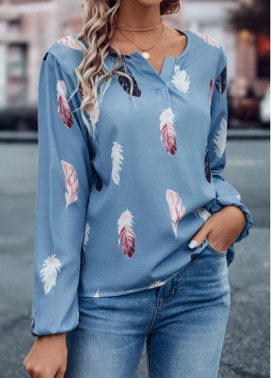 Dusty Blue Feathers Print Long Sleeve Blouse