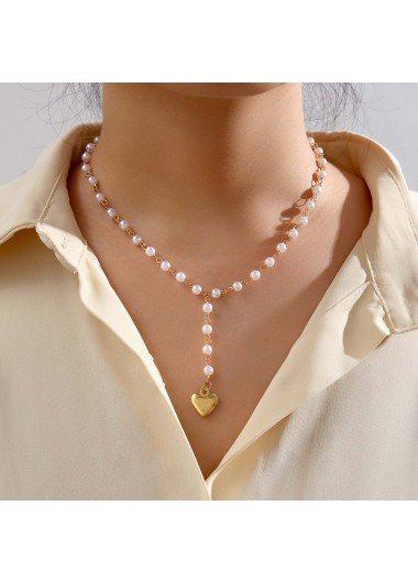 Gold Heart Pearl Metal Detail Necklace