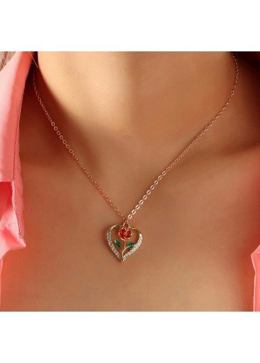 Gold Heart Rose Design Rhinestone Necklace