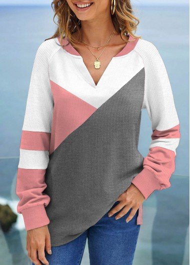 Pink Patchwork Long Sleeve V Neck Sweatshirt