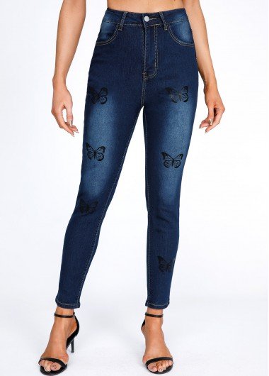 Navy Pocket Butterfly Print Skinny Button Fly Jeans