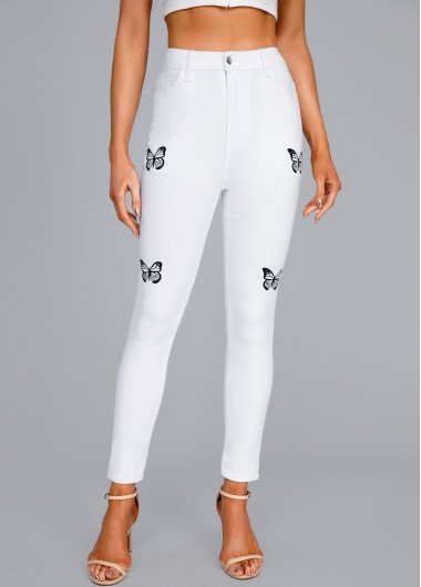 White Pocket Butterfly Print Skinny Button Fly Jeans