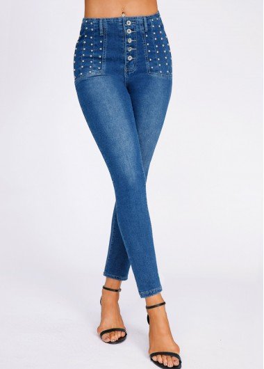 Denim Blue Beaded Skinny Button Fly Jeans