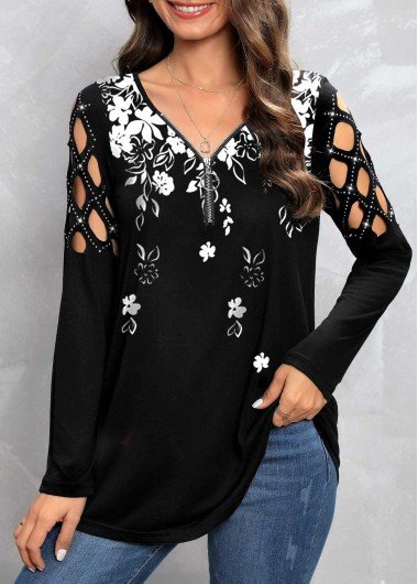 Black Zipper Floral Print Long Sleeve T Shirt