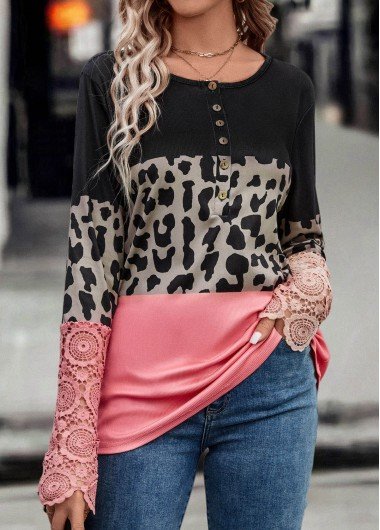 Pink Patchwork Leopard Long Sleeve T Shirt