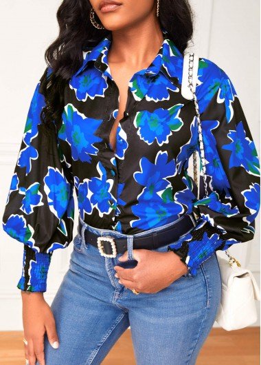 Black Button Floral Print Long Sleeve Blouse