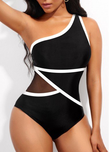 Asymmetric Contrast Binding Black One Piece Swimwear