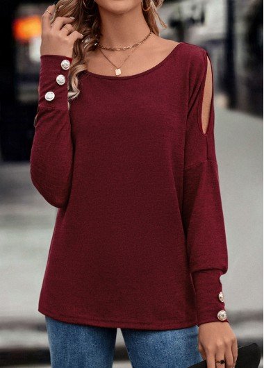 Deep Red Button Long Sleeve T Shirt