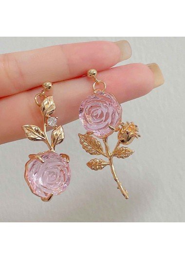 Pink Asymmetrical Rose Rhinestone Design Earrings