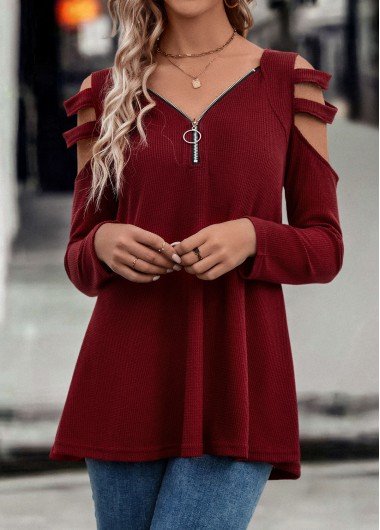 Wine Red Cut Out Long Sleeve T Shirt