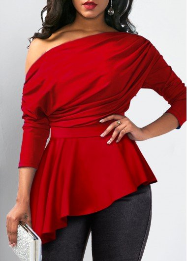 Three Quarter Length Sleeve Red Asymmetrical Neck Blouse