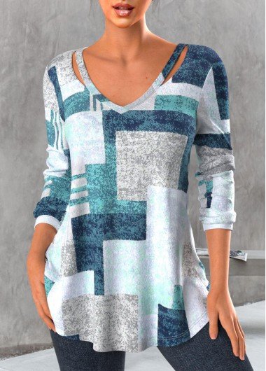 V Neck Blue Cut Out Geometric Print T Shirt