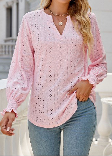 Light Pink Breathable Long Sleeve Split Neck Blouse