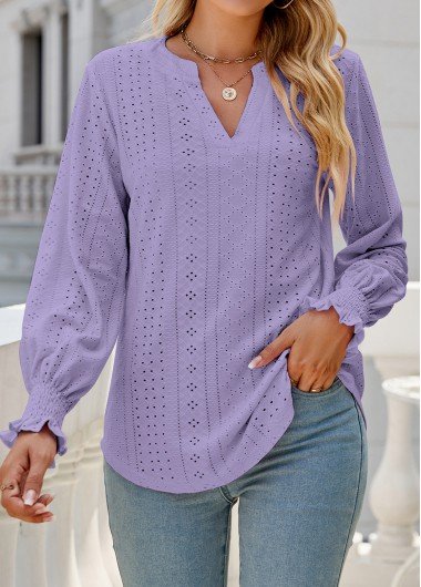 Neon Violet Breathable Long Sleeve Split Neck Blouse