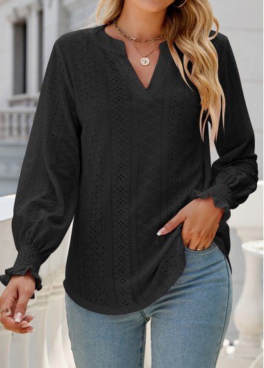 Black Breathable Long Sleeve Split Neck Blouse