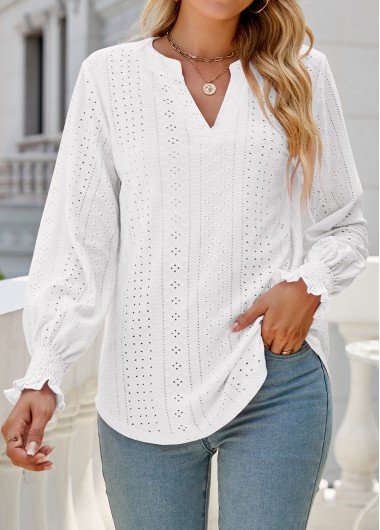 White Breathable Long Sleeve Split Neck Blouse