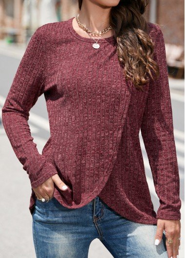 Deep Red Asymmetry Long Sleeve T Shirt