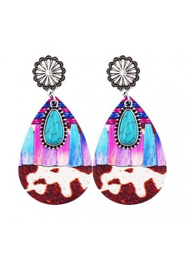 Multi Color Teardrop Faux Leather Tribal Print Earrings