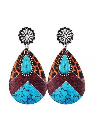 Sky Blue Teardrop Faux Leather Leopard Earrings