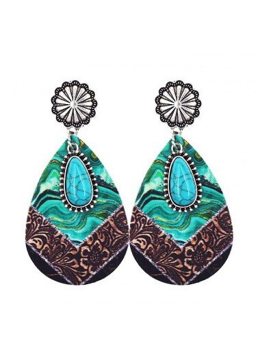 Green Teardrop Tribal Print Faux Leather Earrings