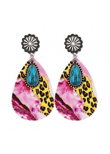 Pink Teardrop Faux Leather Leopard Earrings