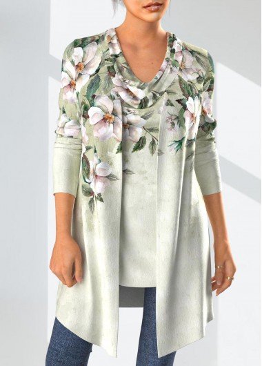 Sage Green Floral Print Long Sleeve Cardigan and Tank Top