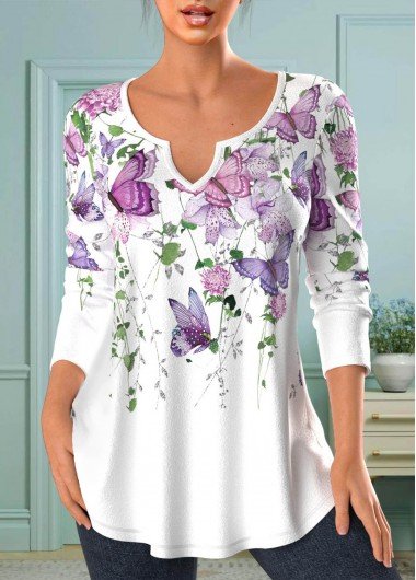 White Split Floral Print Long Sleeve T Shirt