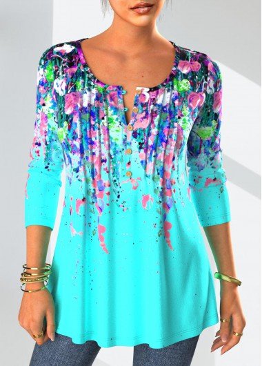 Cyan Tuck Stitch Floral Print Long Sleeve Blouse