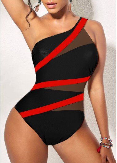 Asymmetry Black Contrast One Piece Swimwear