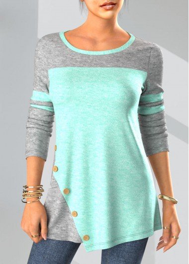 Mint Green Patchwork Long Sleeve T Shirt