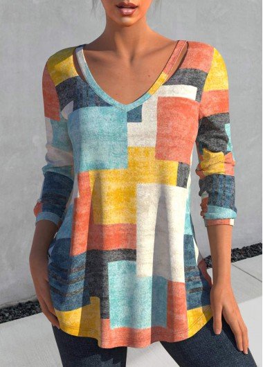 Multi Color Cut Out Geometric Print T Shirt