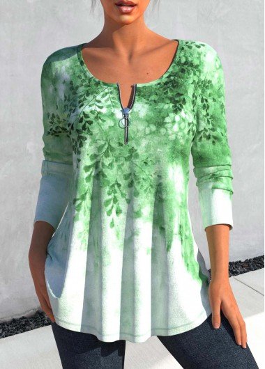 Grass Green Zipper Leaf Print T Shirt