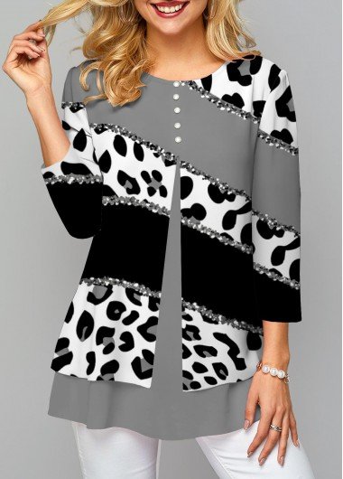 Black Fake 2in1 Round Neck Leopard Blouse