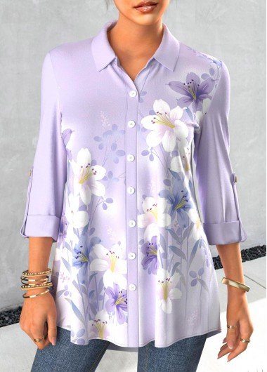 Light Purple Floral Print Long Sleeve Blouse