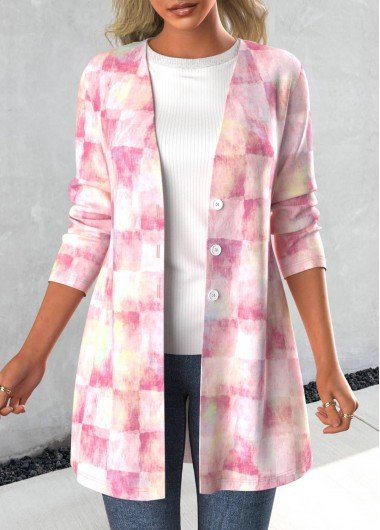 Pink Button Geometric Print Long Sleeve Coat