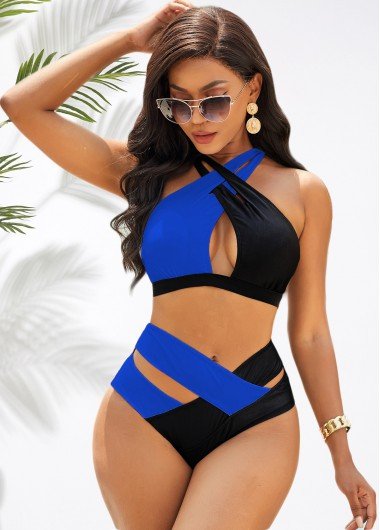 Criss Cross Contrast Blue Bikini Top