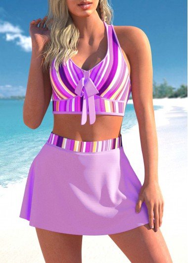 Criss Cross Striped Light Purple Bikini Top