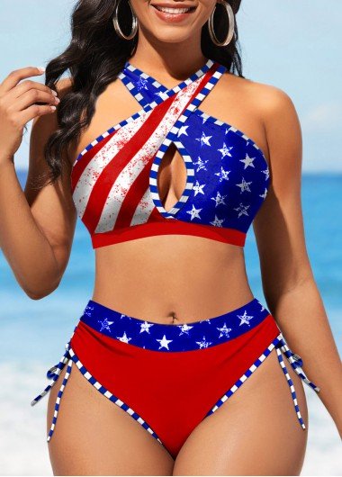 Cut Out Flag Print Red Bikini Top