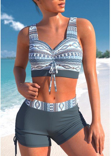 Criss Cross Tribal Print Dusty Blue Bikini Top