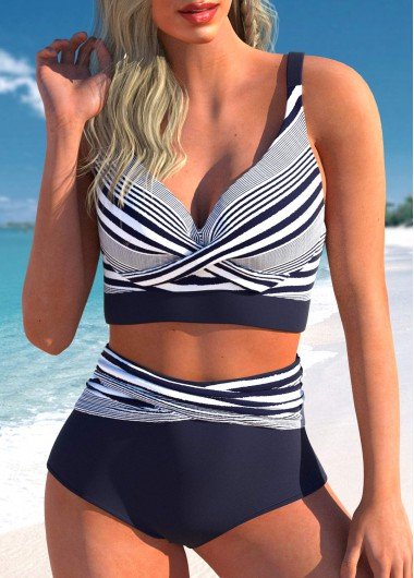 Criss Cross Striped Navy Bikini Top