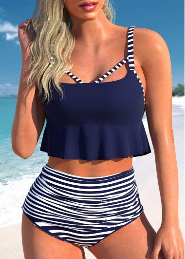 Cut Out Striped Navy Bikini Top